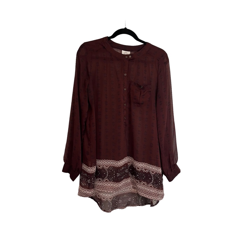 Knox Rose Maroon Paisley Geometric Sheer Long Sleeve Button Up Top Womens Size M